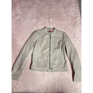 Hugo Boss Leather Jacket Women's Size Small Beige Full Zip Top Biker Style READ